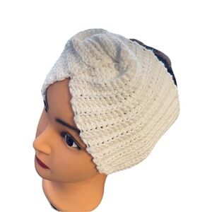 White twisted crocheted head ear warmers 19” head size inchs before stretching